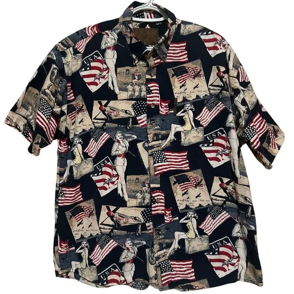 North River Red White Blue Planes Flags Short Sleeve Button Down‎ Shirt Size L